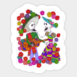 Skeleton Mexican Man and Woman Singing with Guitar Sticker